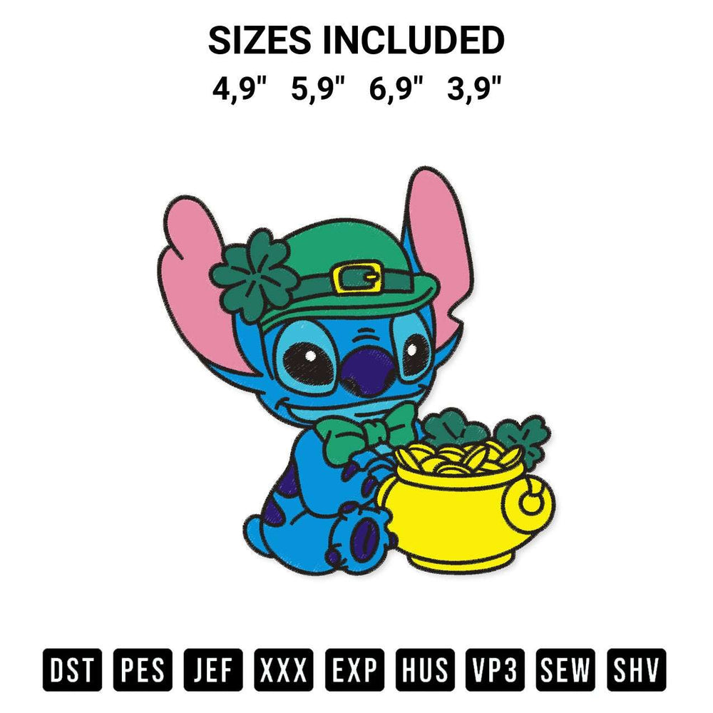 Get the Stitch St. Patricks Day Logo Embroidery Design embroidery design for your custom crafts! Premium digitized files available for instant download at Designspacks.com. Available sizes: 4,9", 5,9", 6,9", 3,9".