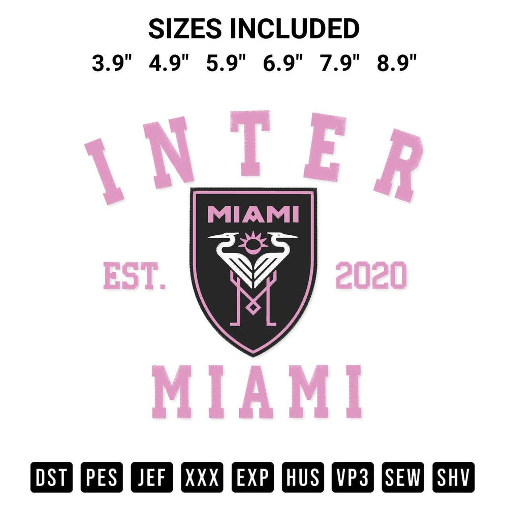 Shop the Inter Miami Cf Est 2020 Embroidery Design machine embroidery pattern at Designspacks.com. Beautifully digitized for flawless stitching on any fabric. Available sizes: 3.9", 4.9", 5.9", 6.9", 7.9", 8.9".
