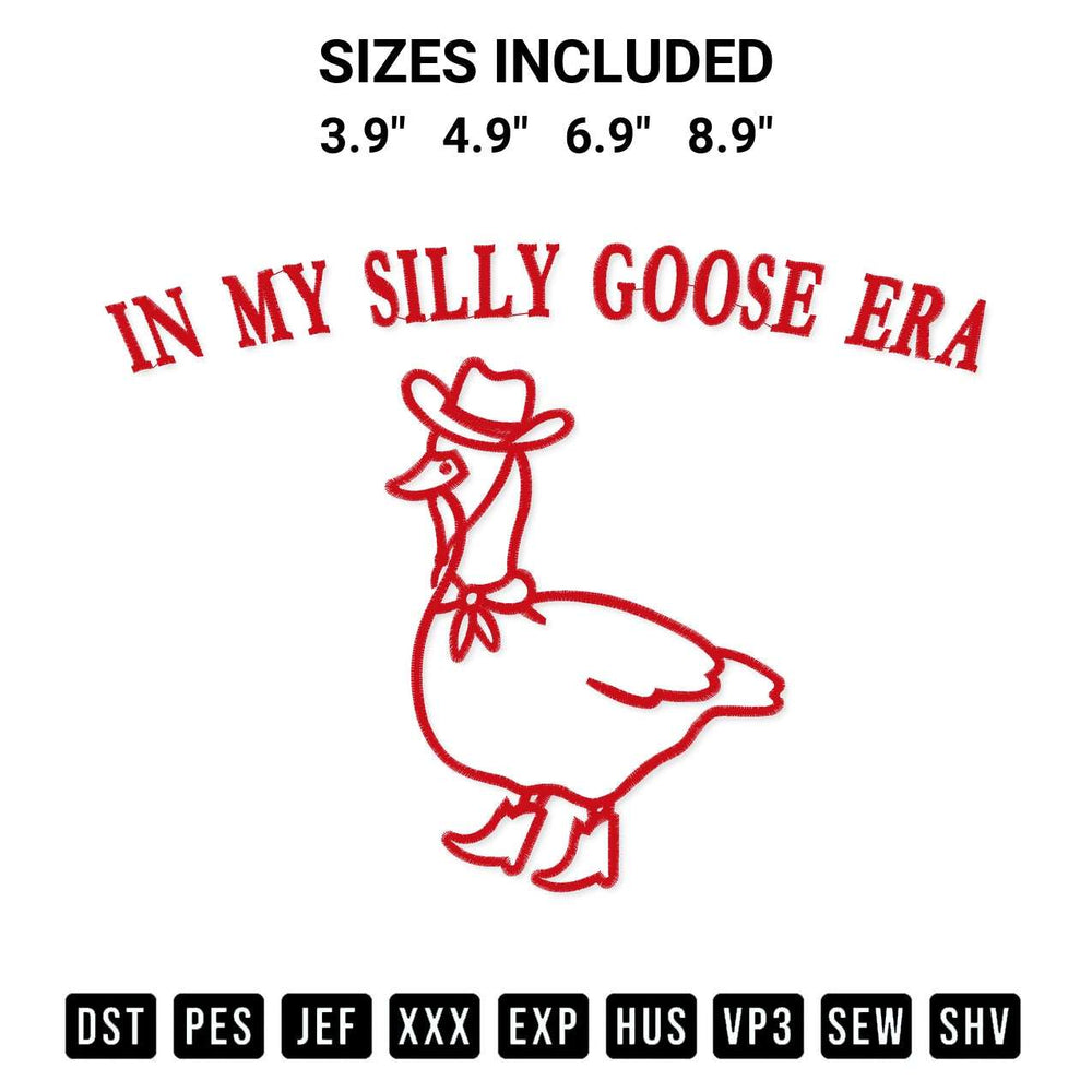 Discover the perfect addition to your crafting collection: In My Silly Goose Era Embroidery Design embroidery file. Instantly available at Designspacks.com. Available sizes: 3.9", 4.9", 6.9", 8.9".
