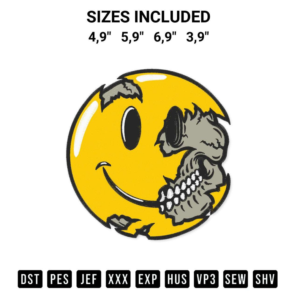 Get the Smiley Face Skull Clipart Logo Embroidery Design embroidery design for your custom crafts! Premium digitized files available for instant download at Designspacks.com. Available sizes: 4,9", 5,9", 6,9", 3,9".