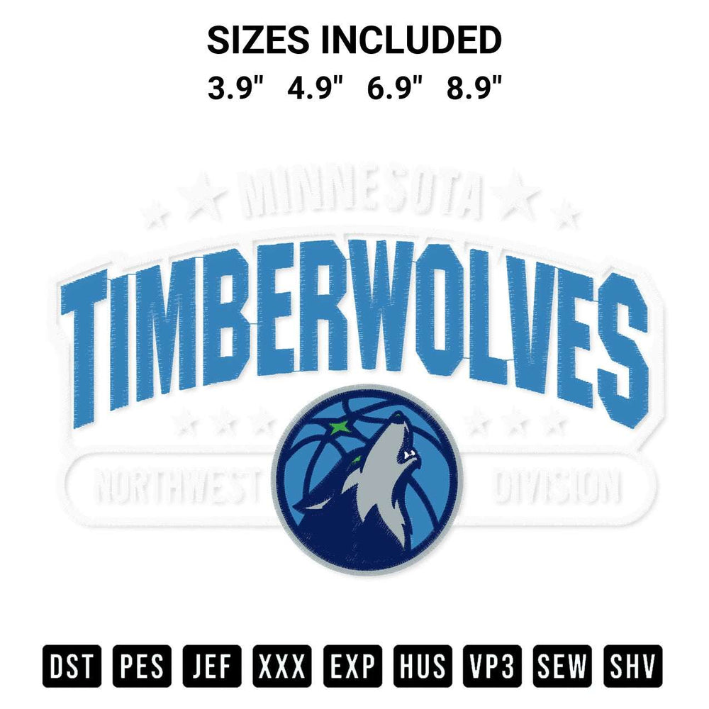 Stitch like a pro with the Minnesota Timberwolves Northwest Division Embroidery Design embroidery pattern from Designspacks.com. High-quality digital machine embroidery file. Available sizes: 3.9", 4.9", 6.9", 8.9".