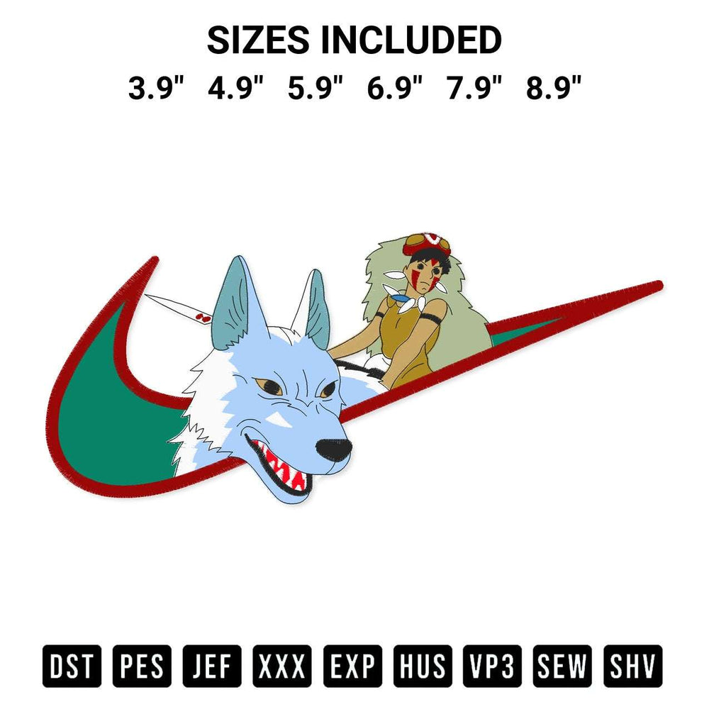 Stitch like a pro with the Swoosh Princess Mononoke Riding Wolf Embroidery Design embroidery pattern from Designspacks.com. High-quality digital machine embroidery file. Available sizes: 3.9", 4.9", 5.9", 6.9", 7.9", 8.9".