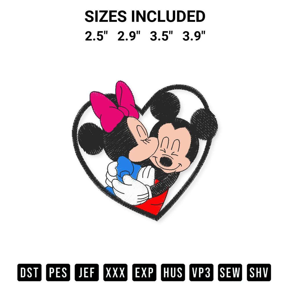 Get the Mickey And Minnie Kiss Love Embroidery Design embroidery design for your custom crafts! Premium digitized files available for instant download at Designspacks.com. Available sizes: 2.5", 2.9", 3.5", 3.9".