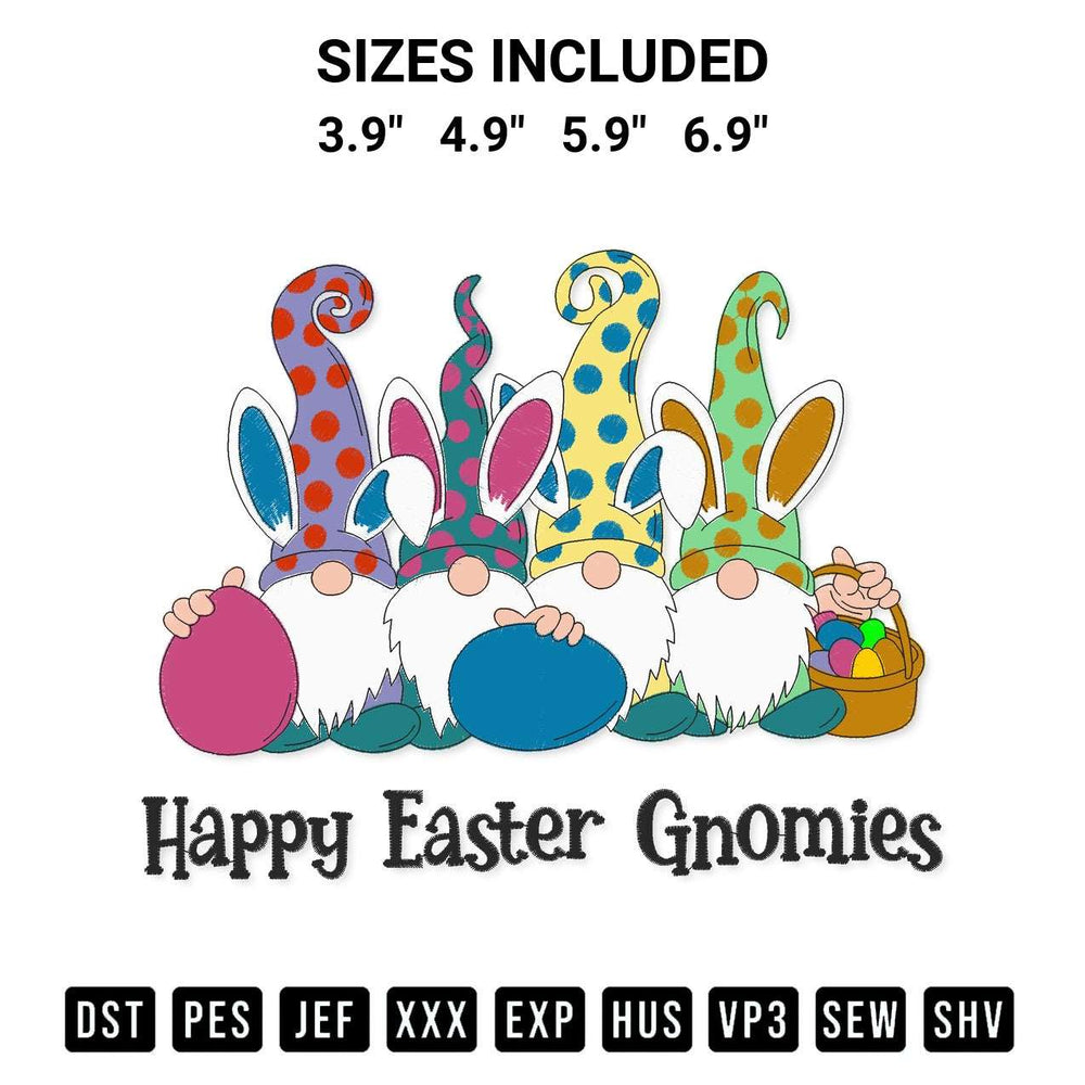 Discover the perfect addition to your crafting collection: Happy Easter Gnomes Embroidery Design embroidery file. Instantly available at Designspacks.com. Available sizes: 3.9", 4.9", 5.9", 6.9".