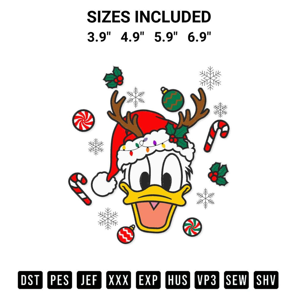 Create amazing crafts with the Donald Duck Face Reindeer Christmas Embroidery Design embroidery file. High-quality digital download from Designspacks.com, perfect for beginners and pros. Available sizes: 3.9", 4.9", 5.9", 6.9".