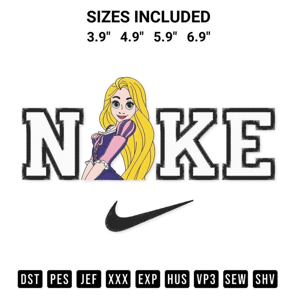 Shop the Rapunzel X Nike Embroidery Design machine embroidery pattern at Designspacks.com. Beautifully digitized for flawless stitching on any fabric. Available sizes: 3.9", 4.9", 5.9", 6.9".