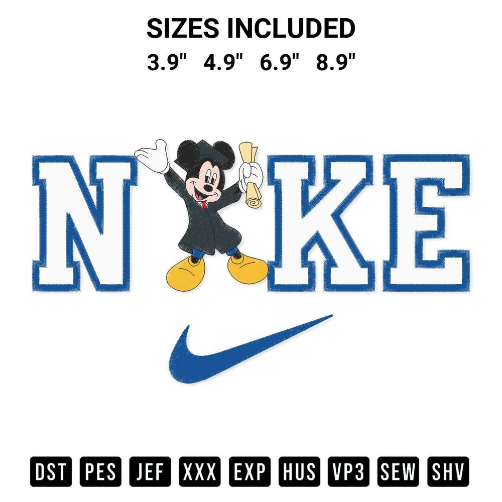 Get the Nike Mickey Graduation Embroidery Design embroidery design for your custom crafts! Premium digitized files available for instant download at Designspacks.com. Available sizes: 3.9", 4.9", 6.9", 8.9".