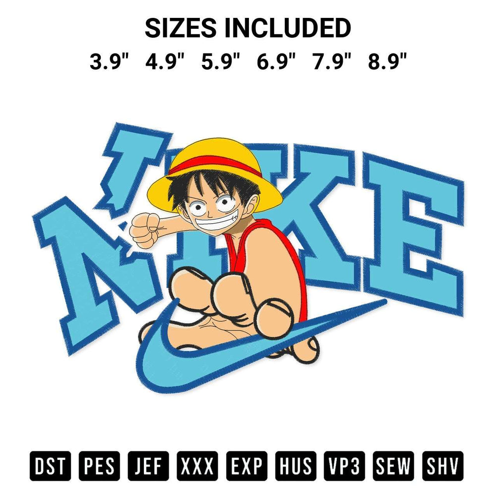 Create amazing crafts with the Nike Crash Luffy One Piece Embroidery Design embroidery file. High-quality digital download from Designspacks.com, perfect for beginners and pros. Available sizes: 3.9", 4.9", 5.9", 6.9", 7.9", 8.9".
