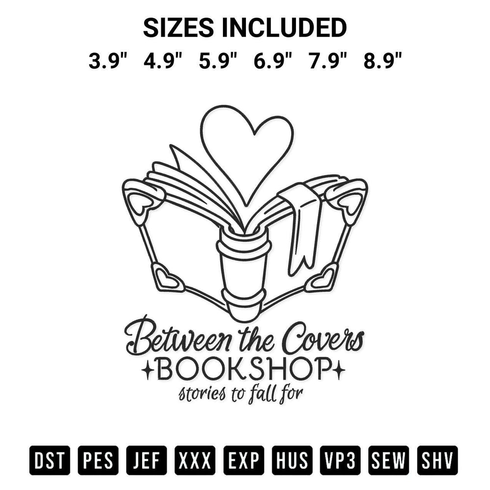 Download the Between The Covers Bookshop Embroidery Design machine embroidery design exclusively at Designspacks.com. Premium digitized pattern for apparel and DIY crafts. Available sizes: 3.9", 4.9", 5.9", 6.9", 7.9", 8.9".