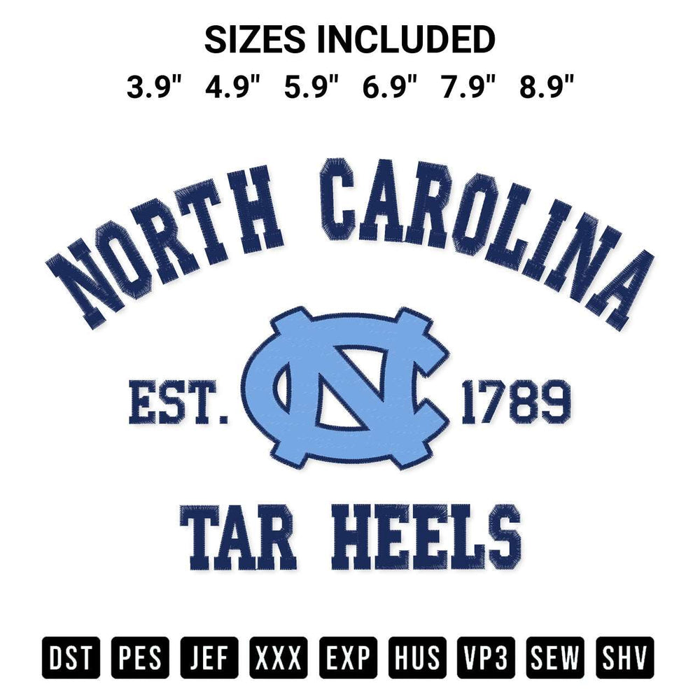 Stitch like a pro with the North Carolina Tar Heels Est 1789 Embroidery Design embroidery pattern from Designspacks.com. High-quality digital machine embroidery file. Available sizes: 3.9", 4.9", 5.9", 6.9", 7.9", 8.9".