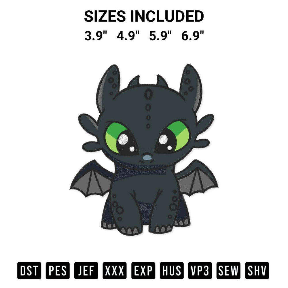 Add a unique touch to your apparel with the Dragon Toothless Chibi Embroidery Design embroidery file. Premium instant download available now on Designspacks.com. Available sizes: 3.9", 4.9", 5.9", 6.9".