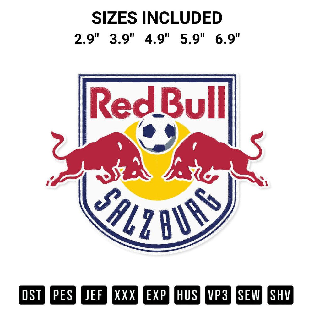 Elevate your next project with our Red Bull Salzburg Embroidery Design embroidery file. Shop high-quality digital patterns instantly at Designspacks.com. Available sizes: 2.9", 3.9", 4.9", 5.9", 6.9".