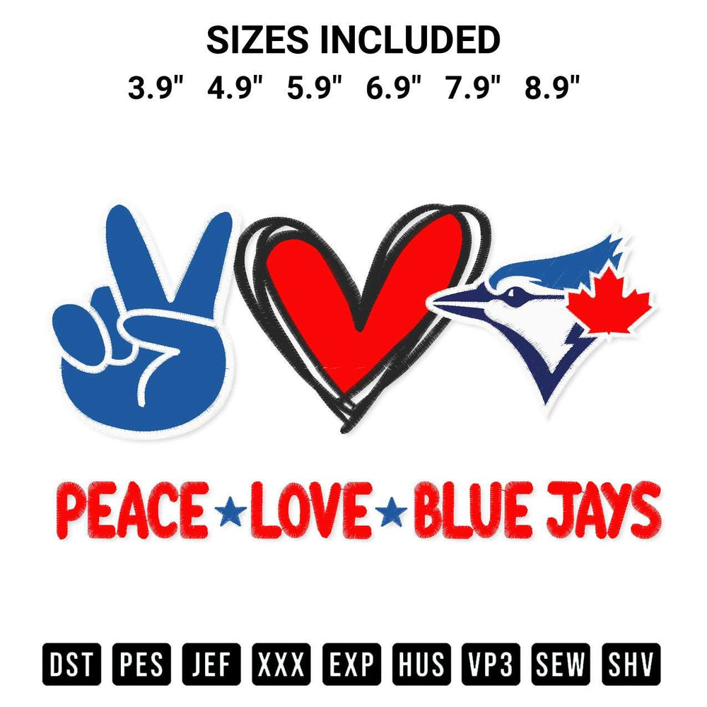 Transform your fabrics with the Peace Love Blue Jays Embroidery Design embroidery design. Instant access to premium digitized patterns at Designspacks.com. Available sizes: 3.9", 4.9", 5.9", 6.9", 7.9", 8.9".