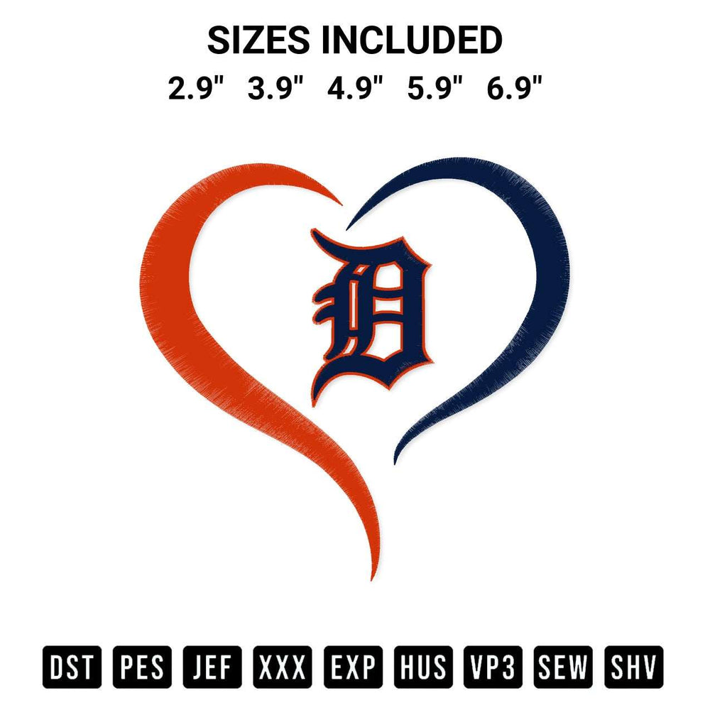 Shop the Heart Detroit Tigers Mlb Embroidery Design machine embroidery pattern at Designspacks.com. Beautifully digitized for flawless stitching on any fabric. Available sizes: 2.9", 3.9", 4.9", 5.9", 6.9".