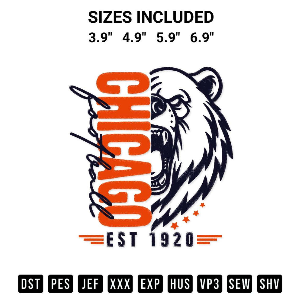 Looking for the perfect pattern? Download the Chicago Football Est 1920 Embroidery Design embroidery design today at Designspacks.com. Crisp, clean stitching guaranteed. Available sizes: 3.9", 4.9", 5.9", 6.9".
