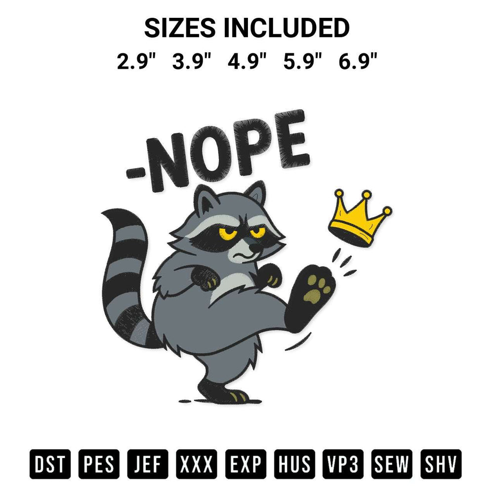 Download the No Kings In America Nope Raccoon Embroidery Design machine embroidery design exclusively at Designspacks.com. Premium digitized pattern for apparel and DIY crafts. Available sizes: 2.9", 3.9", 4.9", 5.9", 6.9".