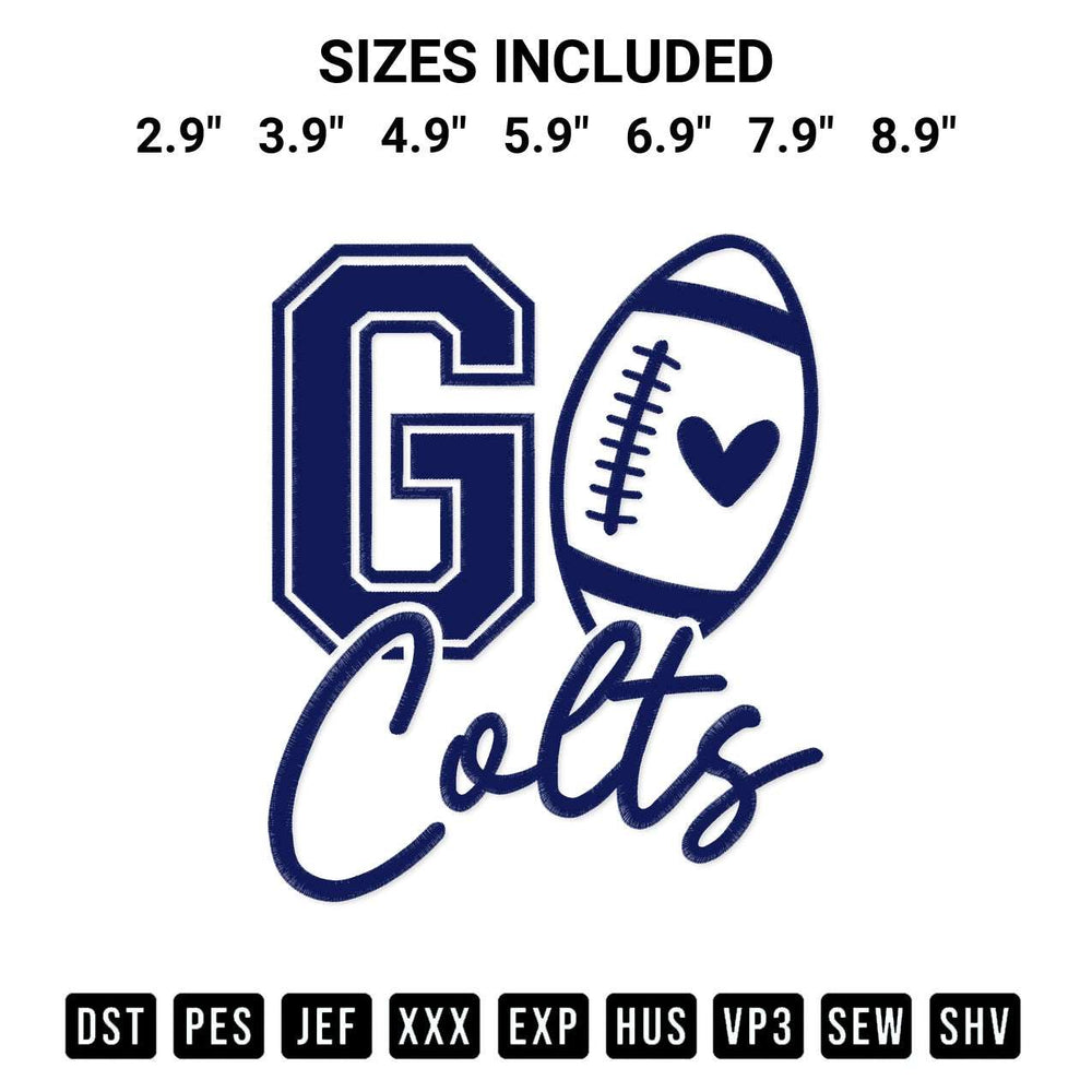 Stitch like a pro with the Go Colts Football Embroidery Design embroidery pattern from Designspacks.com. High-quality digital machine embroidery file. Available sizes: 2.9", 3.9", 4.9", 5.9", 6.9", 7.9", 8.9".