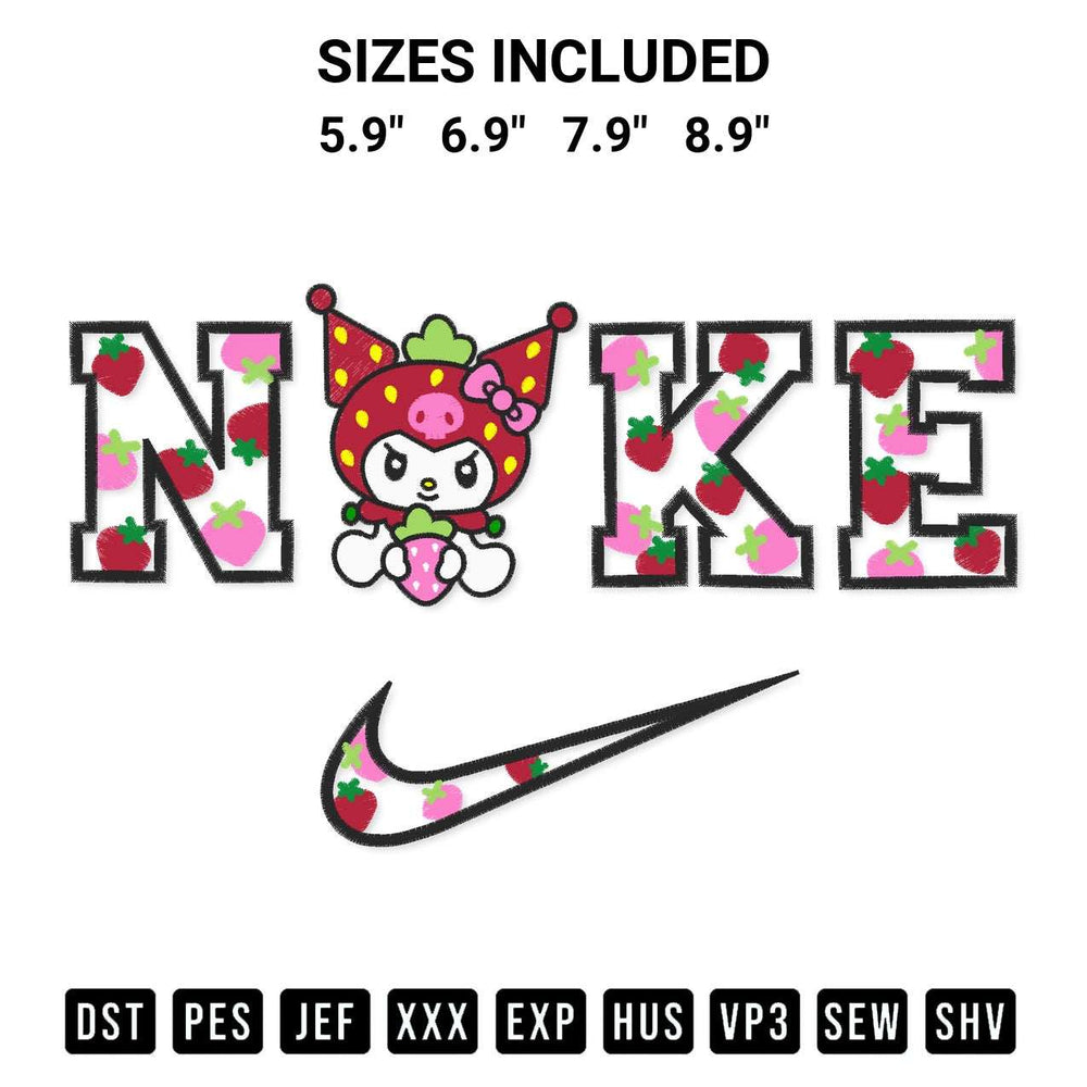 Get the Nike Kuromi Strawberry Embroidery Design embroidery design for your custom crafts! Premium digitized files available for instant download at Designspacks.com. Available sizes: 5.9", 6.9", 7.9", 8.9".
