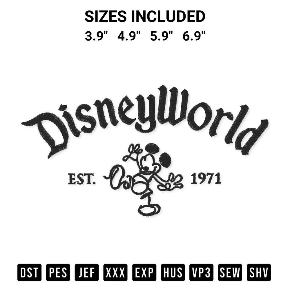 Shop the Disneyworld 1971 Embroidery Design machine embroidery pattern at Designspacks.com. Beautifully digitized for flawless stitching on any fabric. Available sizes: 3.9", 4.9", 5.9", 6.9".