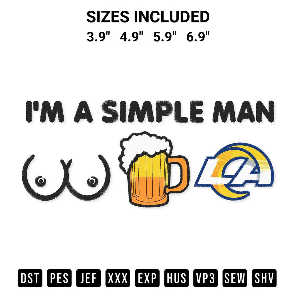 Create amazing crafts with the Im A Simple Man Los Angeles Rams Embroidery Design embroidery file. High-quality digital download from Designspacks.com, perfect for beginners and pros. Available sizes: 3.9", 4.9", 5.9", 6.9".