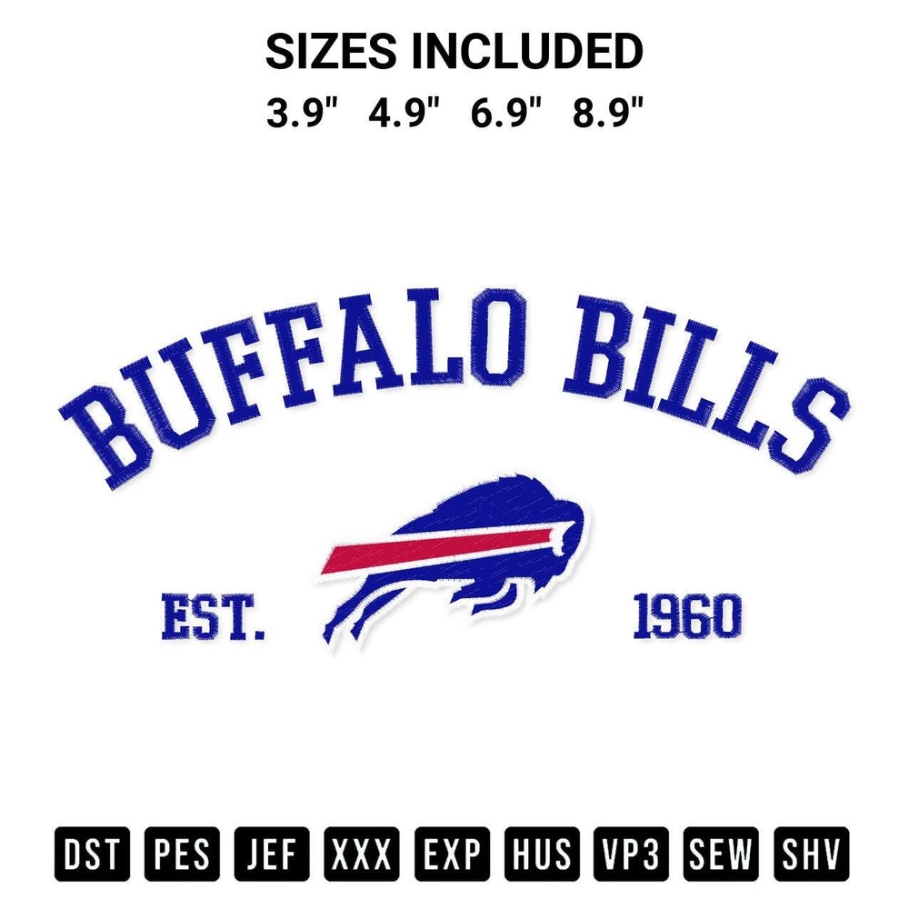 Get the Buffalo Bills Est 1960 Embroidery Design embroidery design for your custom crafts! Premium digitized files available for instant download at Designspacks.com. Available sizes: 3.9", 4.9", 6.9", 8.9".