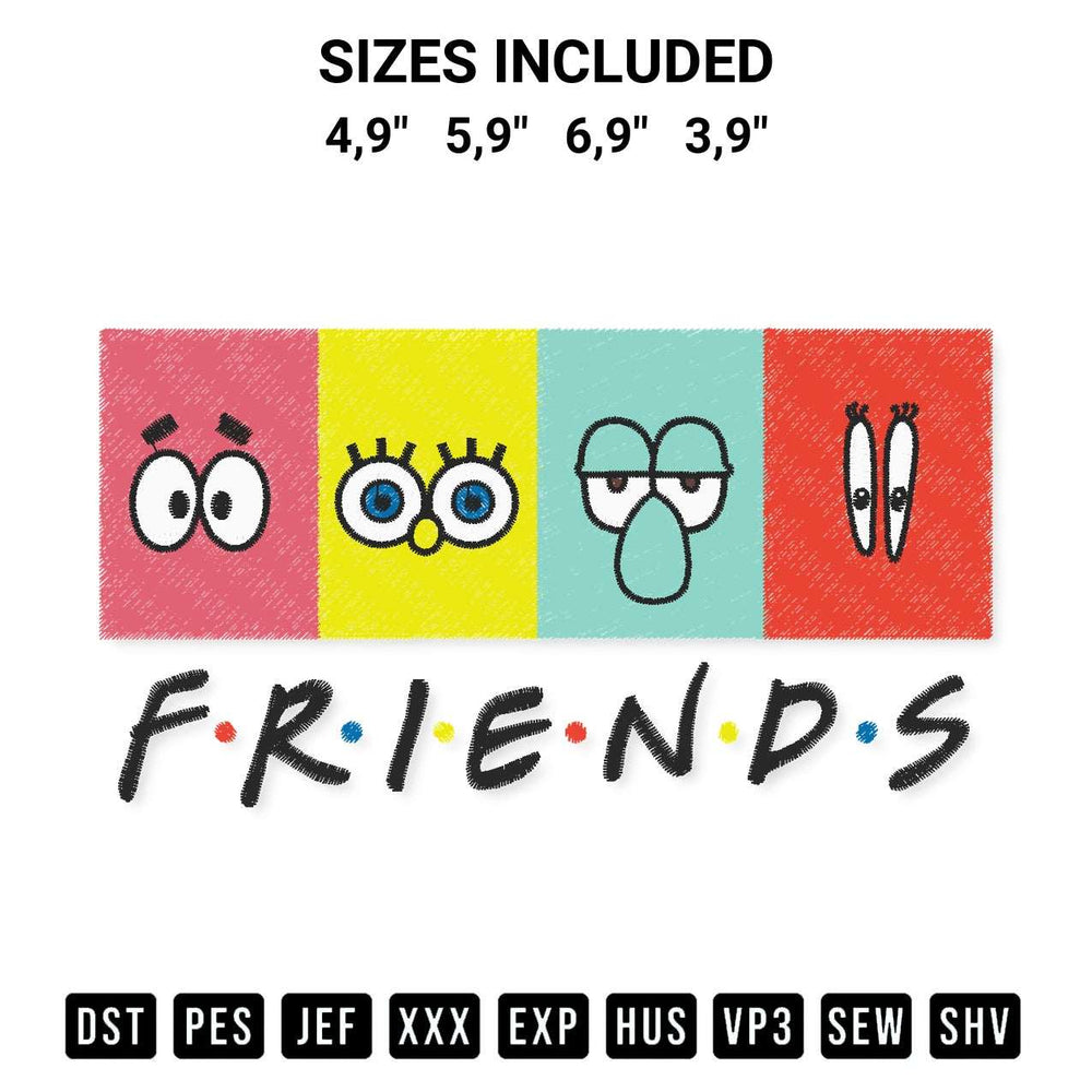 Discover the perfect addition to your crafting collection: Spongebob Squarepants Patrick Star Squidward Mr. Krabs Friends Tv Series Logo Embroidery Design embroidery file. Instantly available at Designspacks.com. Available sizes: 4,9", 5,9", 6,9", 3,9".