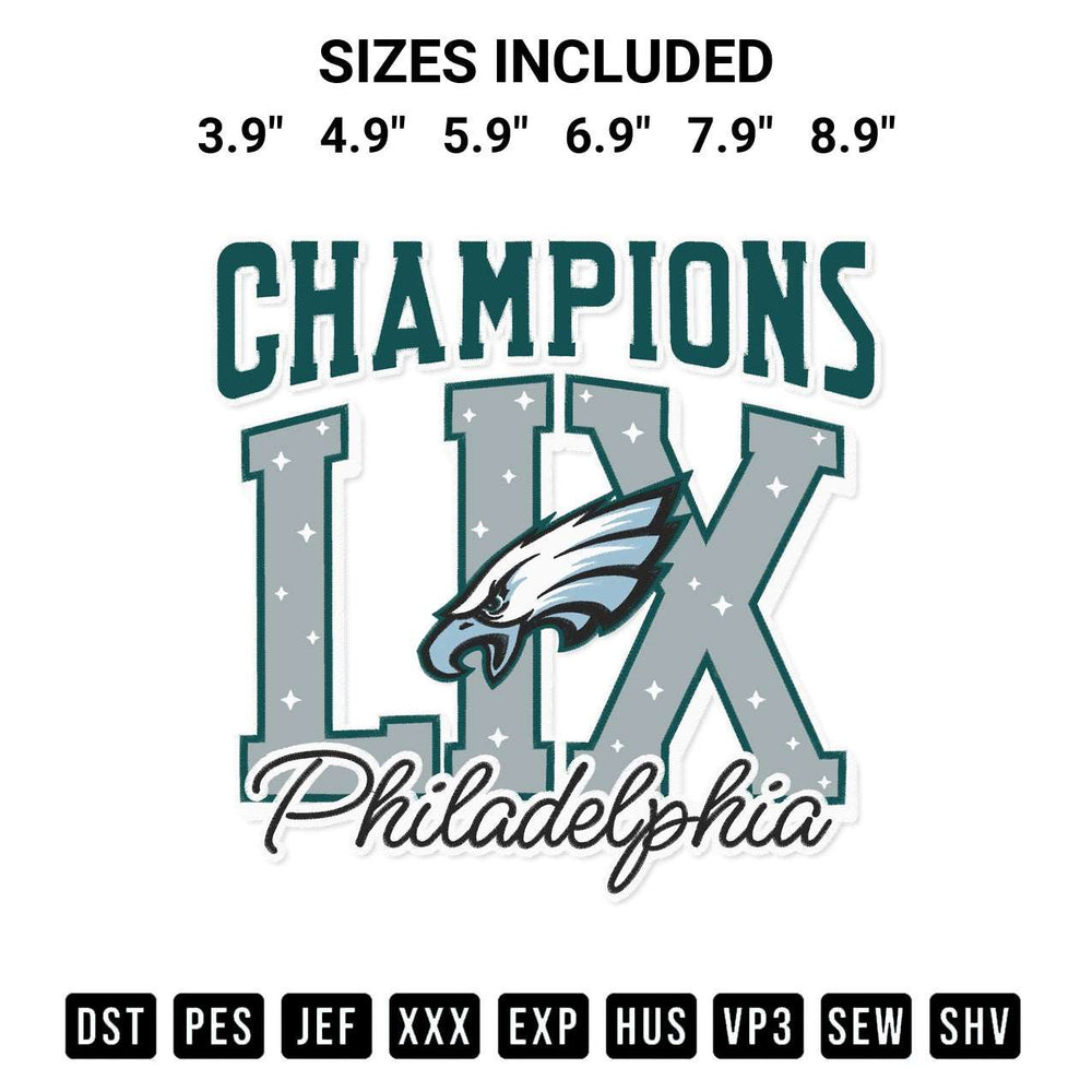 Shop the Champions Lix Philadelphia Eagles Embroidery Design machine embroidery pattern at Designspacks.com. Beautifully digitized for flawless stitching on any fabric. Available sizes: 3.9", 4.9", 5.9", 6.9", 7.9", 8.9".