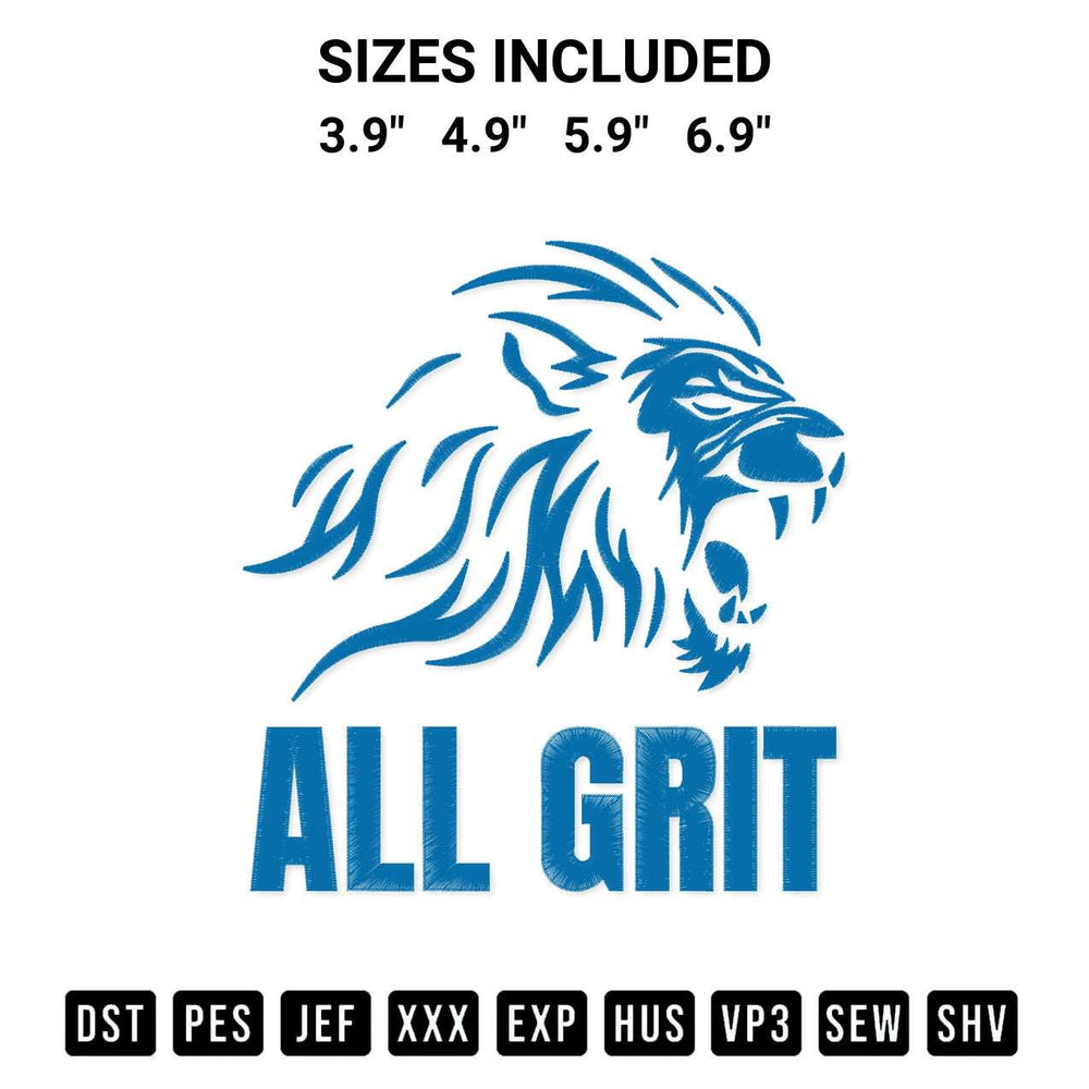 Download the All Grit Detroit Lions Embroidery Design machine embroidery design exclusively at Designspacks.com. Premium digitized pattern for apparel and DIY crafts. Available sizes: 3.9", 4.9", 5.9", 6.9".