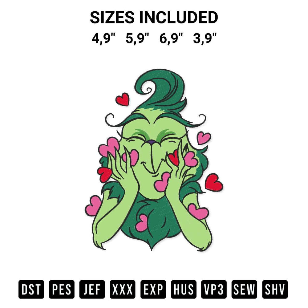 Shop the The Grinch Hearts Christmas Valentines Day Couple Gift Logo Embroidery Design machine embroidery pattern at Designspacks.com. Beautifully digitized for flawless stitching on any fabric. Available sizes: 4,9", 5,9", 6,9", 3,9".