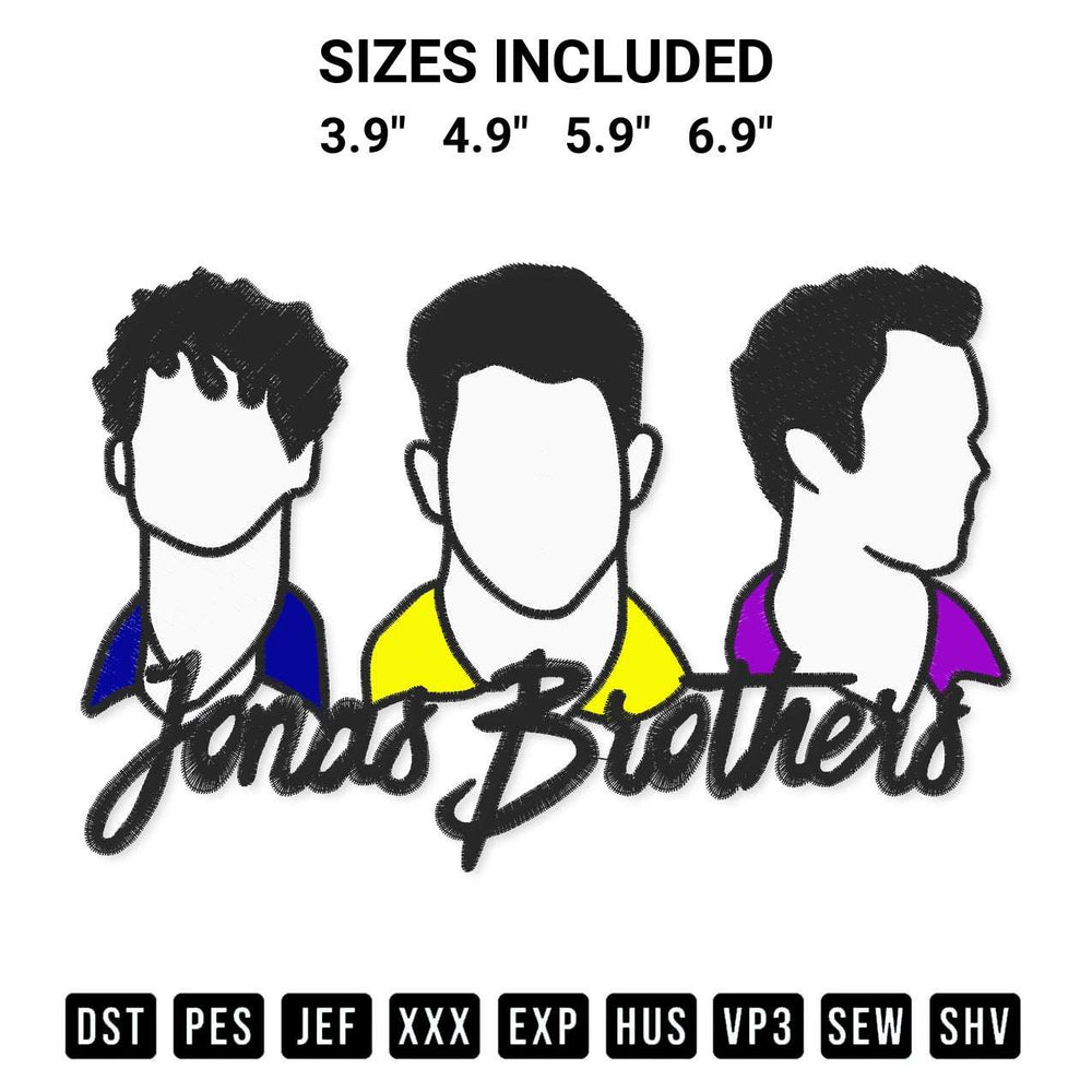 Transform your fabrics with the Jonas Brothers Music Embroidery Design embroidery design. Instant access to premium digitized patterns at Designspacks.com. Available sizes: 3.9", 4.9", 5.9", 6.9".