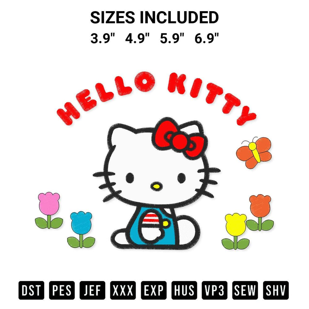 Transform your fabrics with the Hello Kitty Flowers And Butterfly Embroidery Design embroidery design. Instant access to premium digitized patterns at Designspacks.com. Available sizes: 3.9", 4.9", 5.9", 6.9".