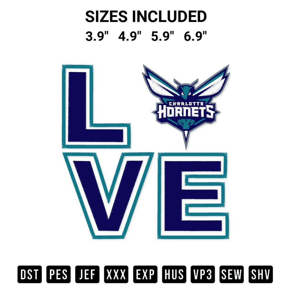 Download the Love Charlotte Hornets Embroidery Design machine embroidery design exclusively at Designspacks.com. Premium digitized pattern for apparel and DIY crafts. Available sizes: 3.9", 4.9", 5.9", 6.9".