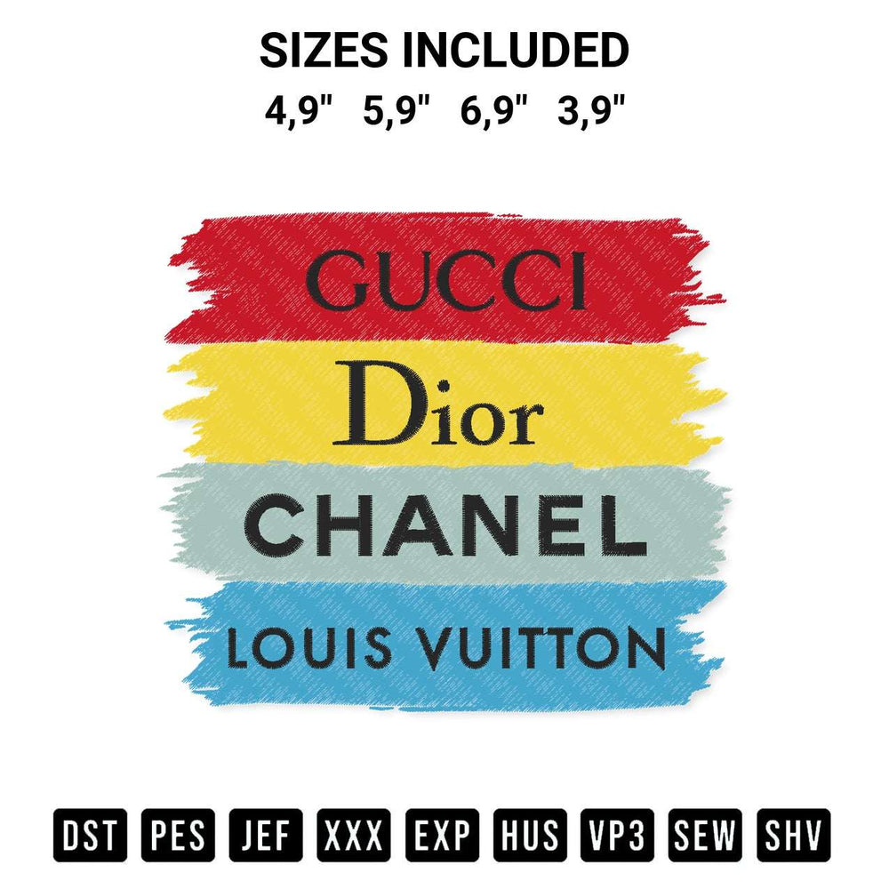 Stitch like a pro with the Gucci Dior Chanel Louis Vuitton Colorful Logo Embroidery Design embroidery pattern from Designspacks.com. High-quality digital machine embroidery file. Available sizes: 4,9", 5,9", 6,9", 3,9".