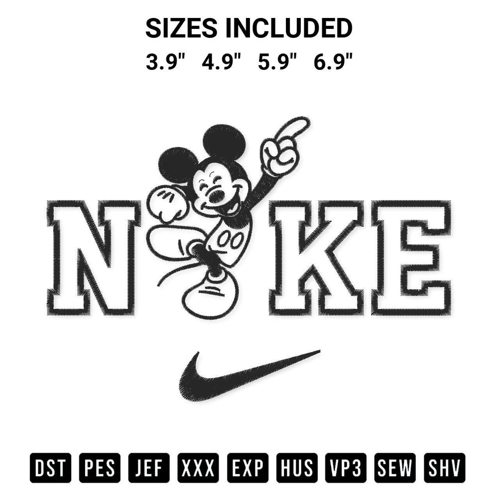 Shop the Nike Disney Mickey Mouse Funny Embroidery Design machine embroidery pattern at Designspacks.com. Beautifully digitized for flawless stitching on any fabric. Available sizes: 3.9", 4.9", 5.9", 6.9".