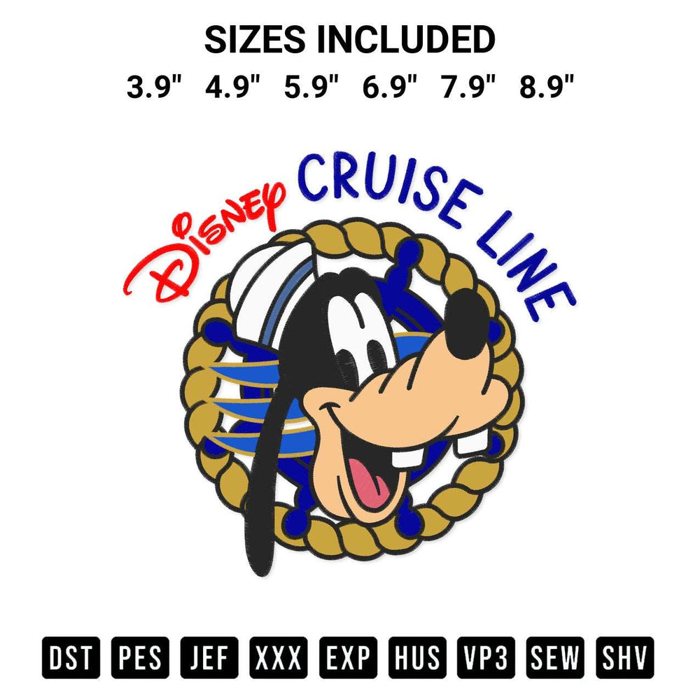 Add a unique touch to your apparel with the Goofy Disney Cruise Line Embroidery Design embroidery file. Premium instant download available now on Designspacks.com. Available sizes: 3.9", 4.9", 5.9", 6.9", 7.9", 8.9".