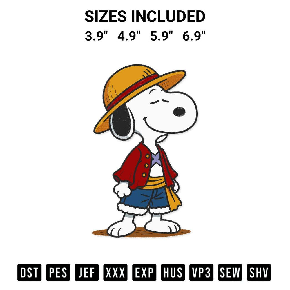 Shop the Snoopy Luffy Embroidery Design machine embroidery pattern at Designspacks.com. Beautifully digitized for flawless stitching on any fabric. Available sizes: 3.9", 4.9", 5.9", 6.9".