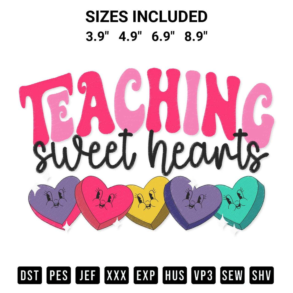 Get the Teaching Sweet Hearts Valentine Embroidery Design embroidery design for your custom crafts! Premium digitized files available for instant download at Designspacks.com. Available sizes: 3.9", 4.9", 6.9", 8.9".