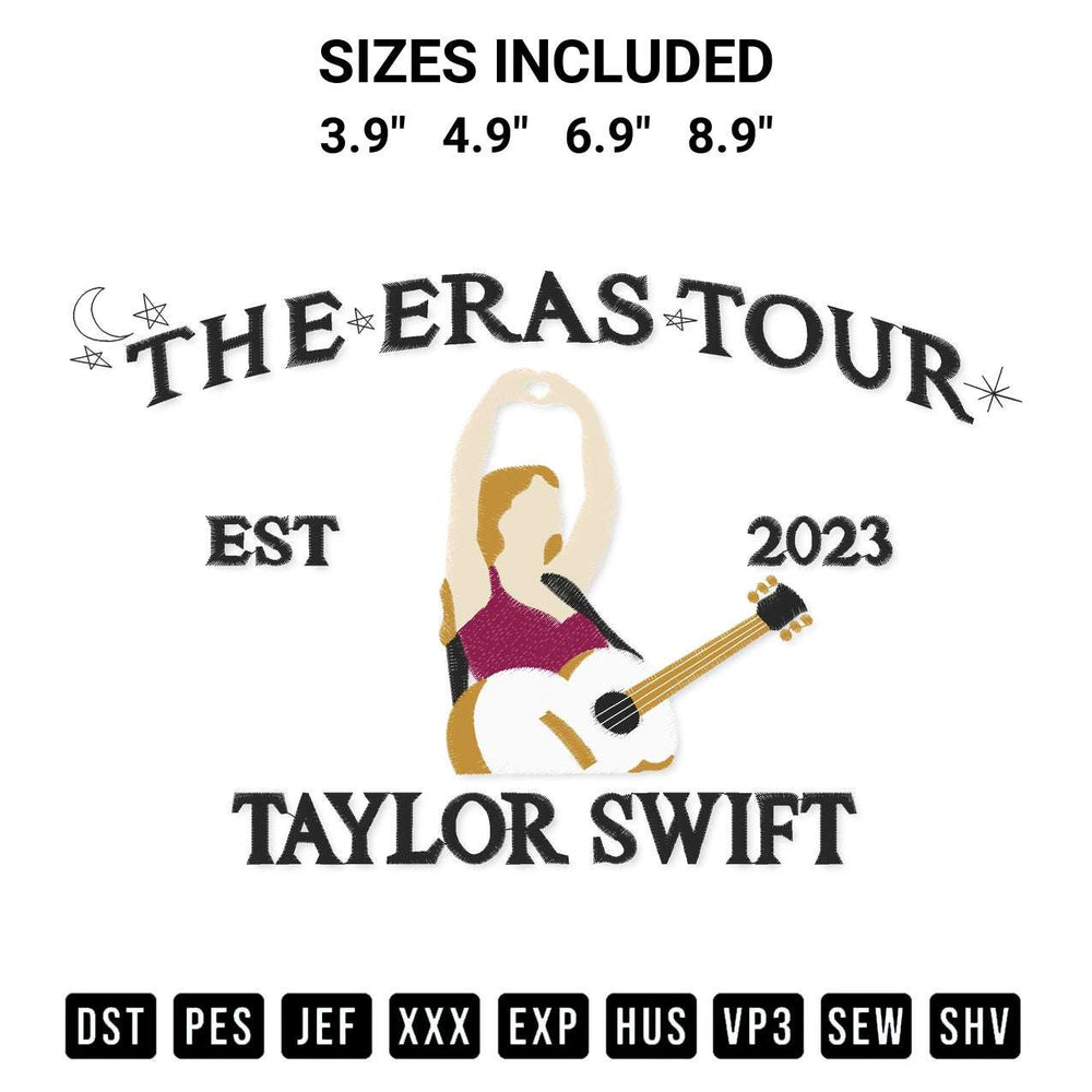 Download the Taylor Swift 2023 The Eras Tour Embroidery Design machine embroidery design exclusively at Designspacks.com. Premium digitized pattern for apparel and DIY crafts. Available sizes: 3.9", 4.9", 6.9", 8.9".