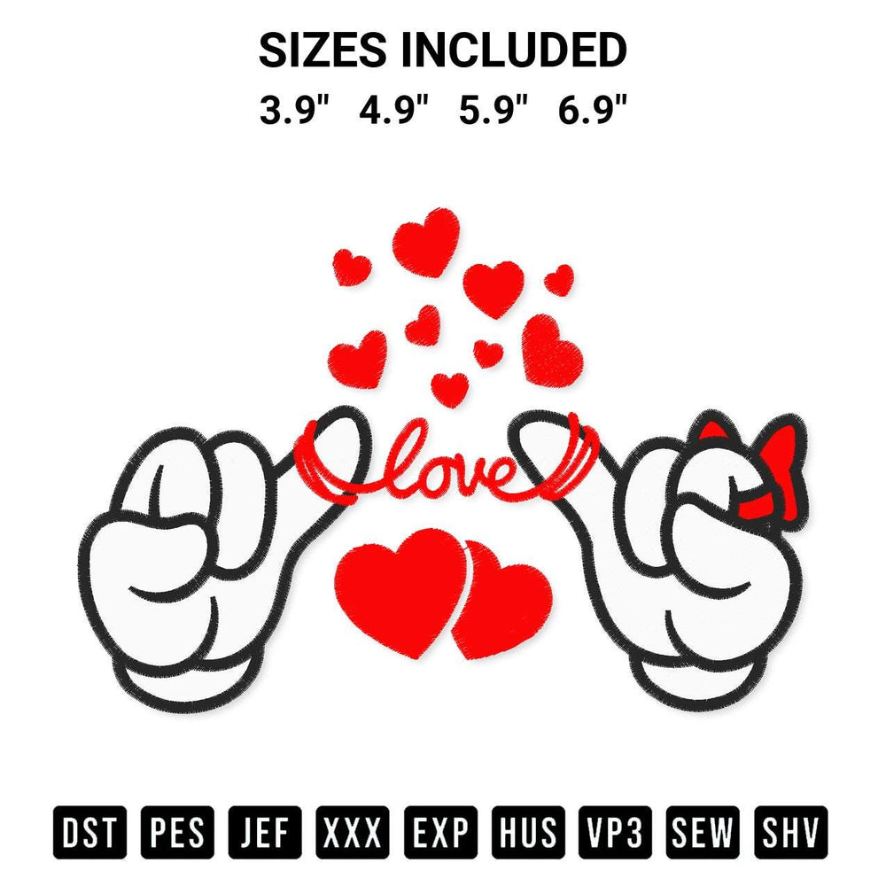 Shop the Valentine Mickey Love Hands Embroidery Design machine embroidery pattern at Designspacks.com. Beautifully digitized for flawless stitching on any fabric. Available sizes: 3.9", 4.9", 5.9", 6.9".