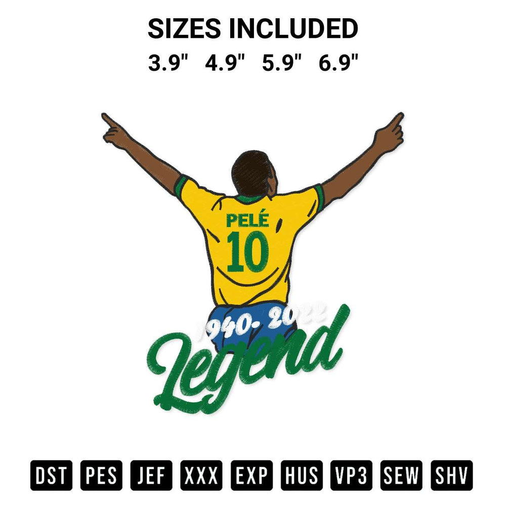 Elevate your next project with our Pele The Legend Of Football Brazilian Football Legend Pele 1940 2022 Embroidery Design embroidery file. Shop high-quality digital patterns instantly at Designspacks.com. Available sizes: 3.9", 4.9", 5.9", 6.9".