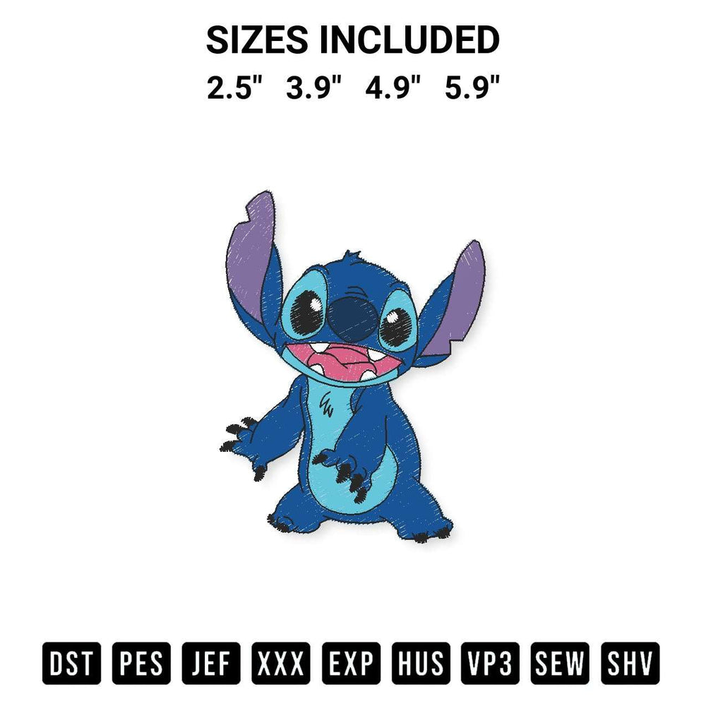 Add a unique touch to your apparel with the Stitch Disney Funny Embroidery Design embroidery file. Premium instant download available now on Designspacks.com. Available sizes: 2.5", 3.9", 4.9", 5.9".