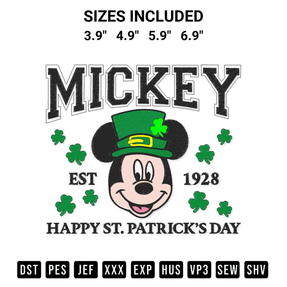 Shop the Mickey Happy St Patricks Day 1928 Embroidery Design machine embroidery pattern at Designspacks.com. Beautifully digitized for flawless stitching on any fabric. Available sizes: 3.9", 4.9", 5.9", 6.9".