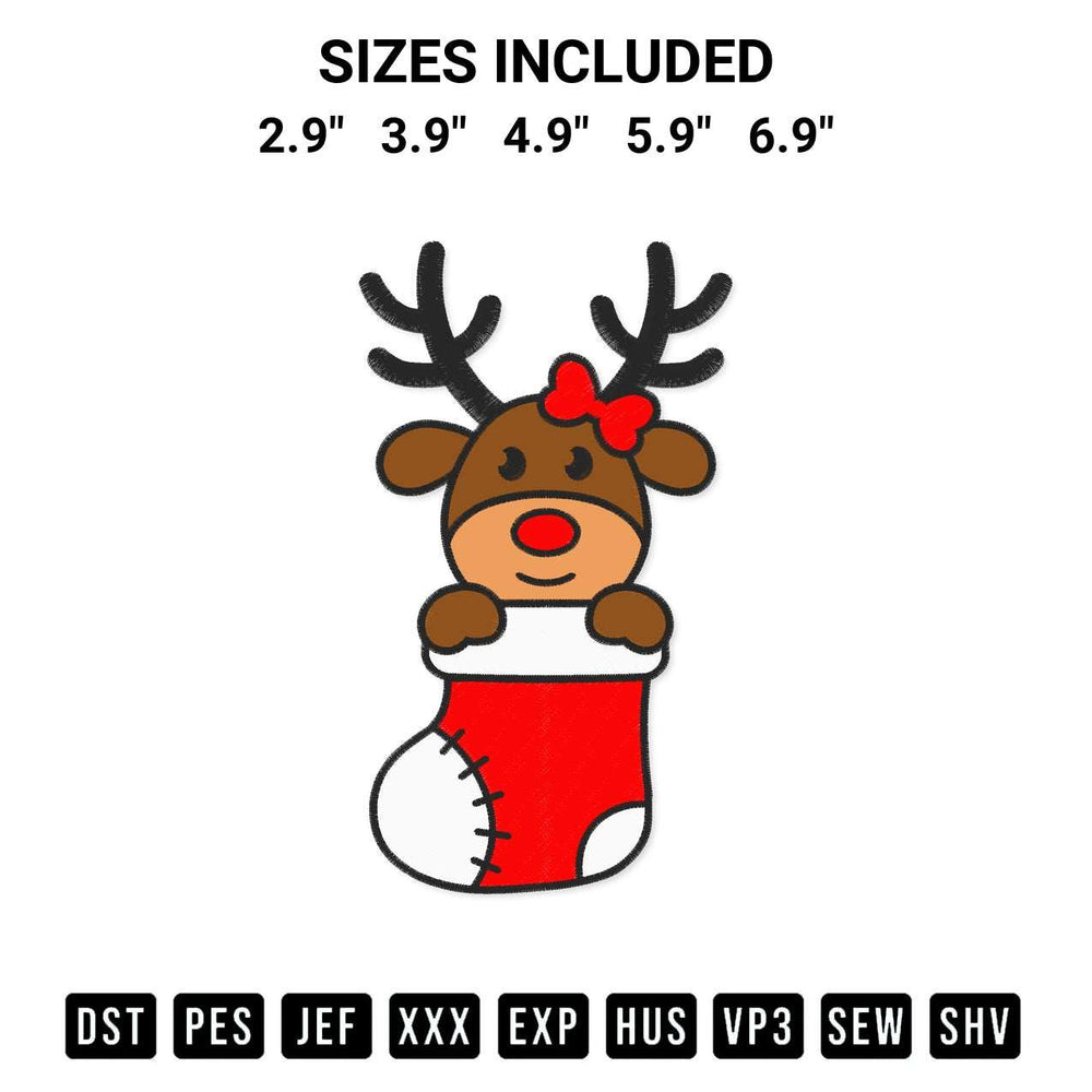 Add a unique touch to your apparel with the Girl Reindeer Stocking Christmas Embroidery Design embroidery file. Premium instant download available now on Designspacks.com. Available sizes: 2.9", 3.9", 4.9", 5.9", 6.9".