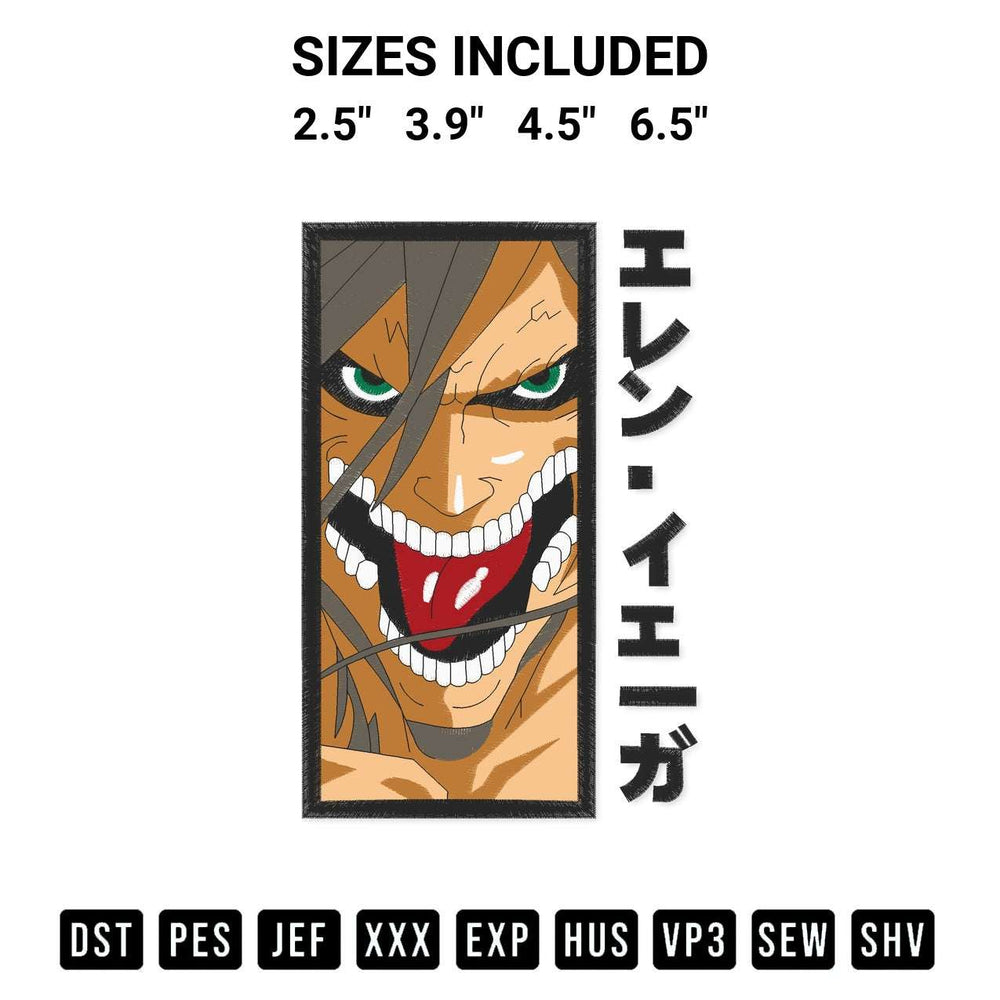 Stitch like a pro with the Eren Titan Anime Embroidery Design embroidery pattern from Designspacks.com. High-quality digital machine embroidery file. Available sizes: 2.5", 3.9", 4.5", 6.5".