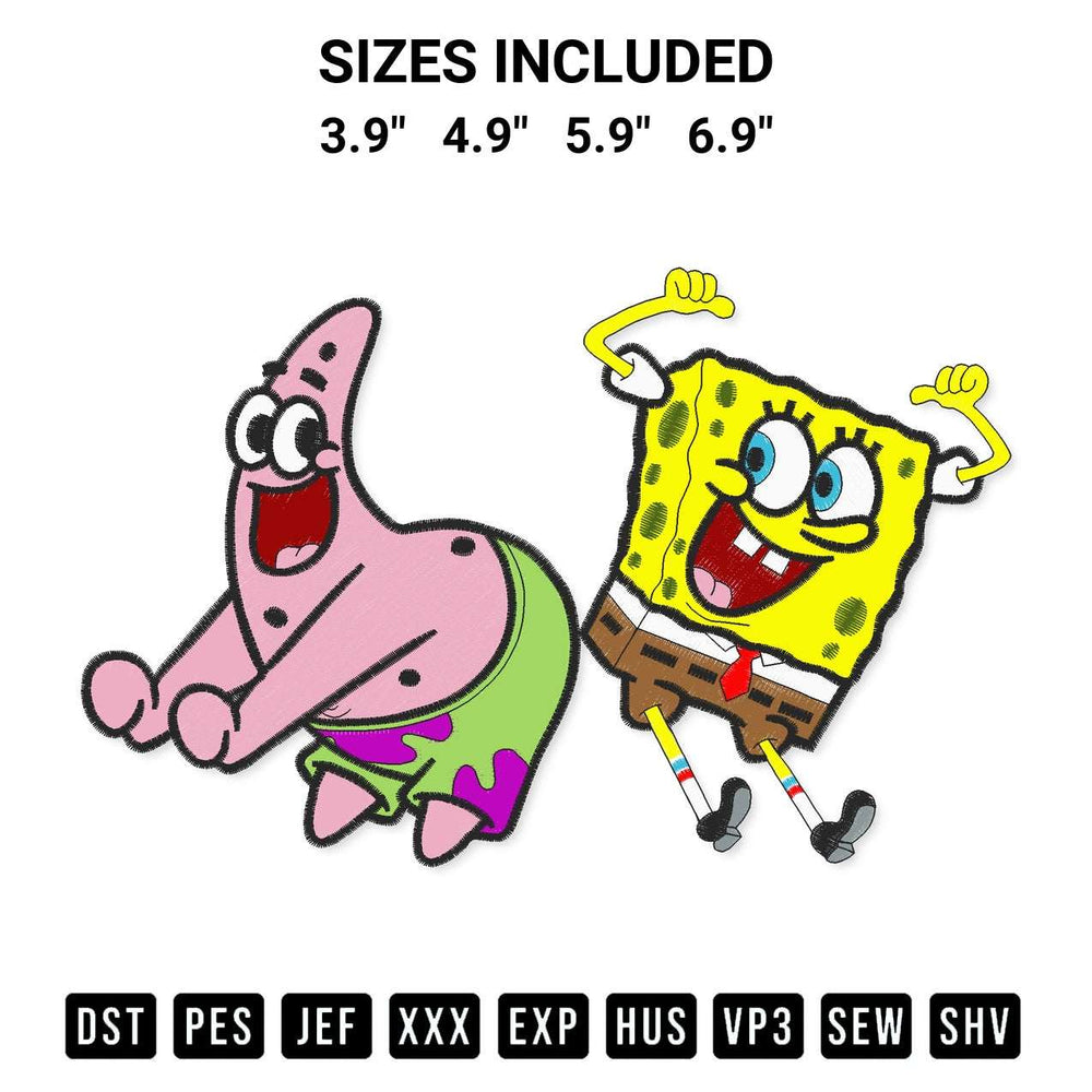 Get the Spongebob And Patrick Funny Embroidery Design embroidery design for your custom crafts! Premium digitized files available for instant download at Designspacks.com. Available sizes: 3.9", 4.9", 5.9", 6.9".