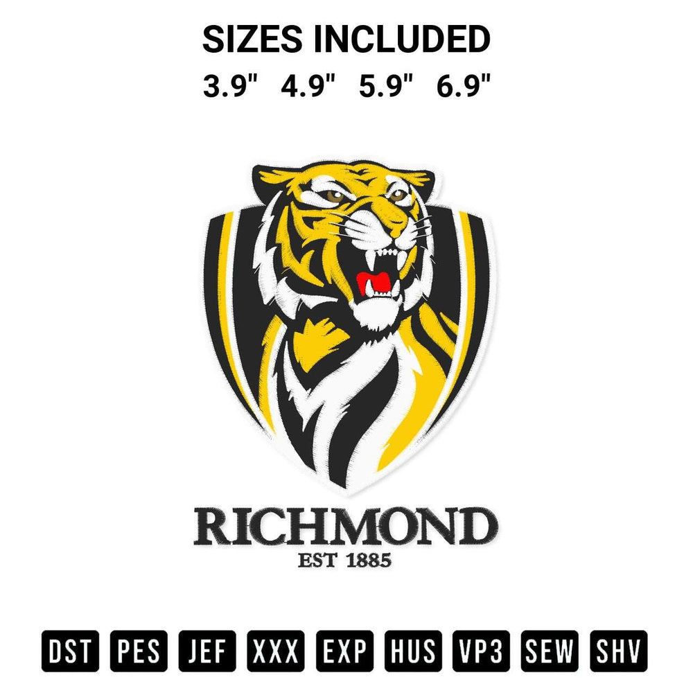 Elevate your next project with our Afl Richmond Tigers Logo Embroidery Design embroidery file. Shop high-quality digital patterns instantly at Designspacks.com. Available sizes: 3.9", 4.9", 5.9", 6.9".