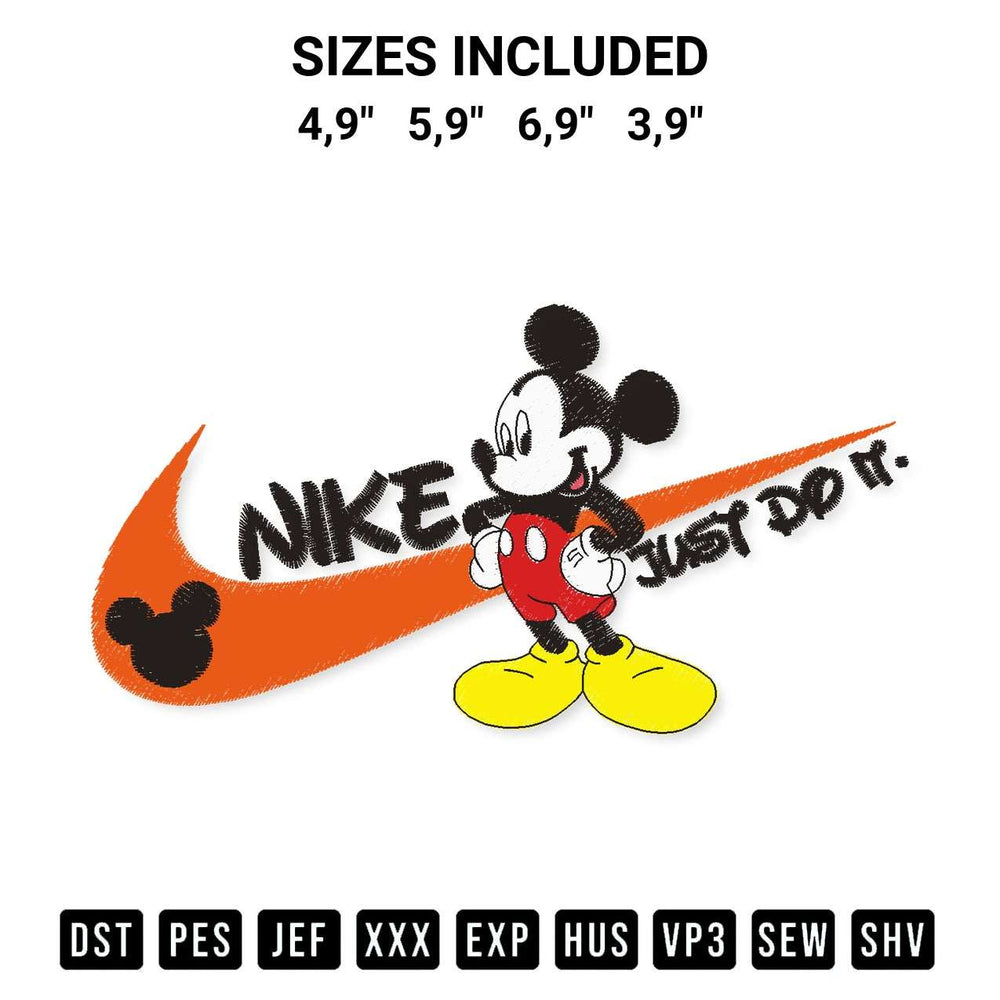 Get the Nike Micky Mouse Just Do It Logo Embroidery Design embroidery design for your custom crafts! Premium digitized files available for instant download at Designspacks.com. Available sizes: 4,9", 5,9", 6,9", 3,9".