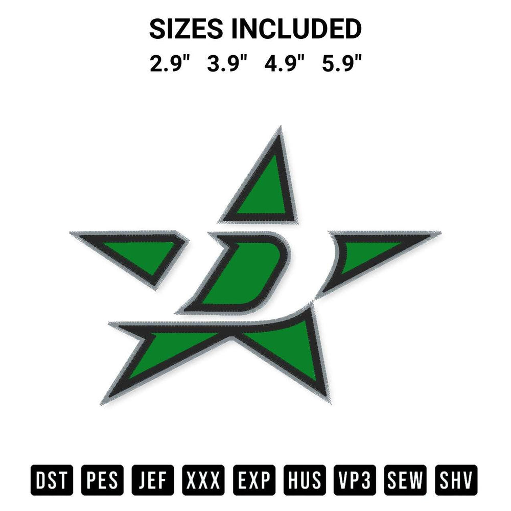 Shop the Dallas Stars Hockey Embroidery Design machine embroidery pattern at Designspacks.com. Beautifully digitized for flawless stitching on any fabric. Available sizes: 2.9", 3.9", 4.9", 5.9".