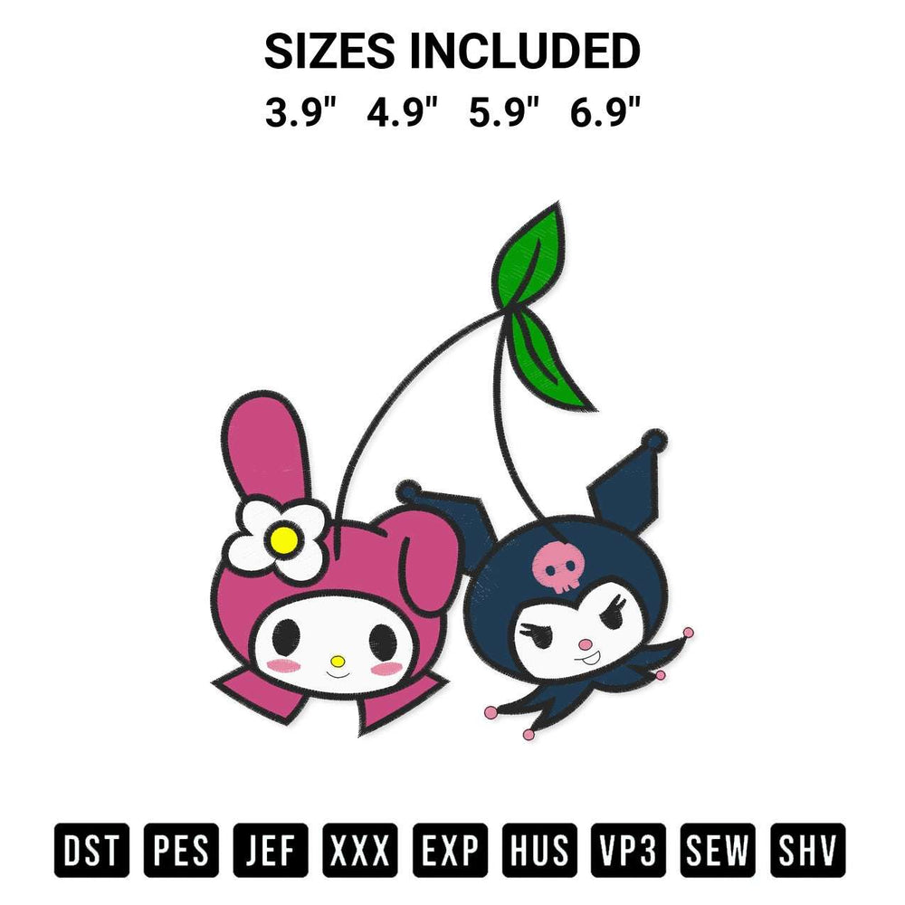 Shop the Melody And Kuromi Cherries Embroidery Design machine embroidery pattern at Designspacks.com. Beautifully digitized for flawless stitching on any fabric. Available sizes: 3.9", 4.9", 5.9", 6.9".