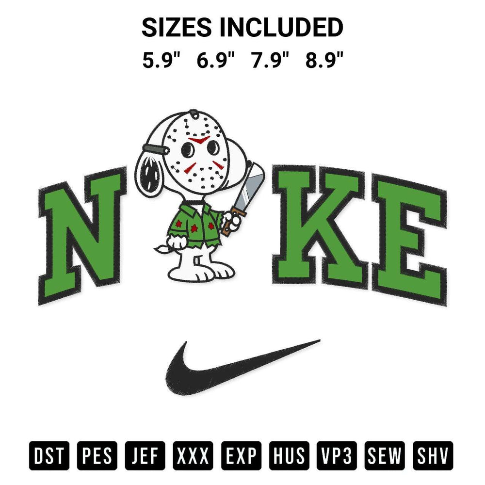 Elevate your next project with our Snoopy Jason Voorhees X Nike Embroidery Design embroidery file. Shop high-quality digital patterns instantly at Designspacks.com. Available sizes: 5.9", 6.9", 7.9", 8.9".